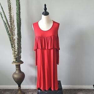 Watermelon Rust Color Cold Shoulder Dress with Ruffle